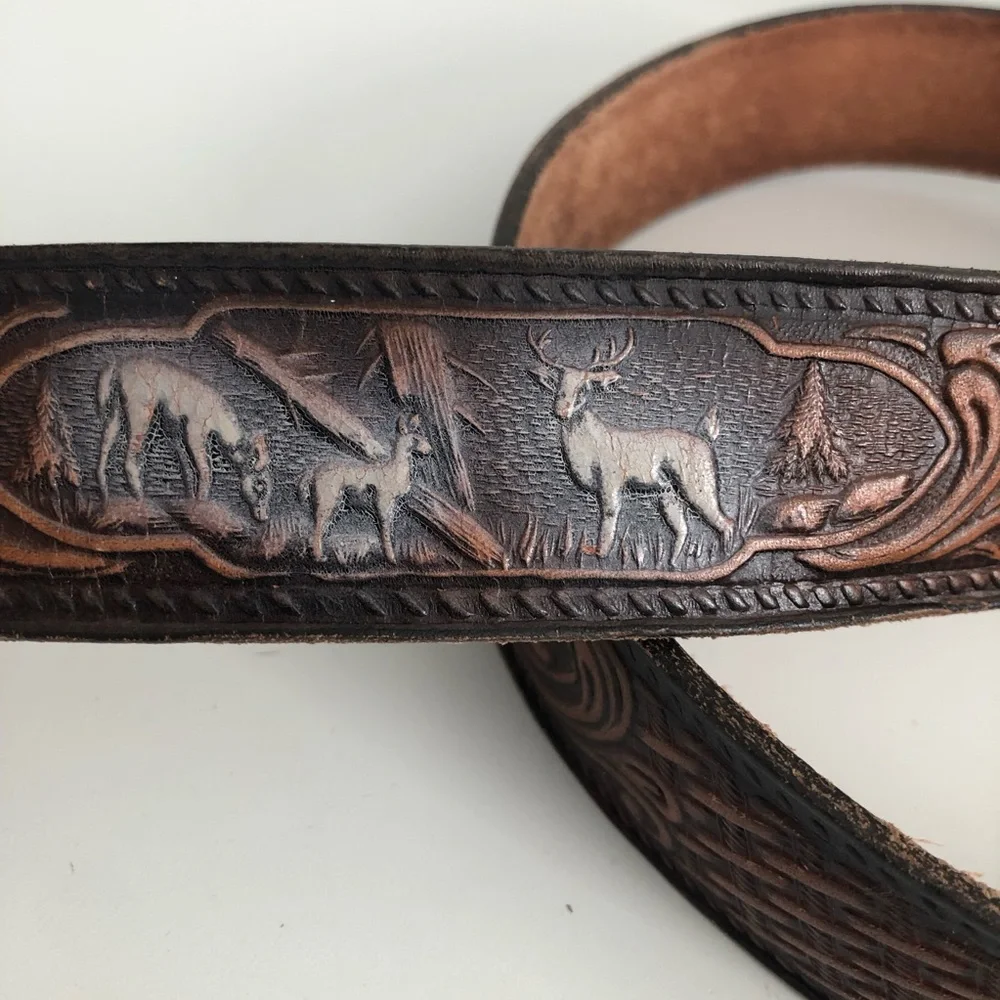 Brown Tooled Leather Belt with Camouflage Deer Buckle